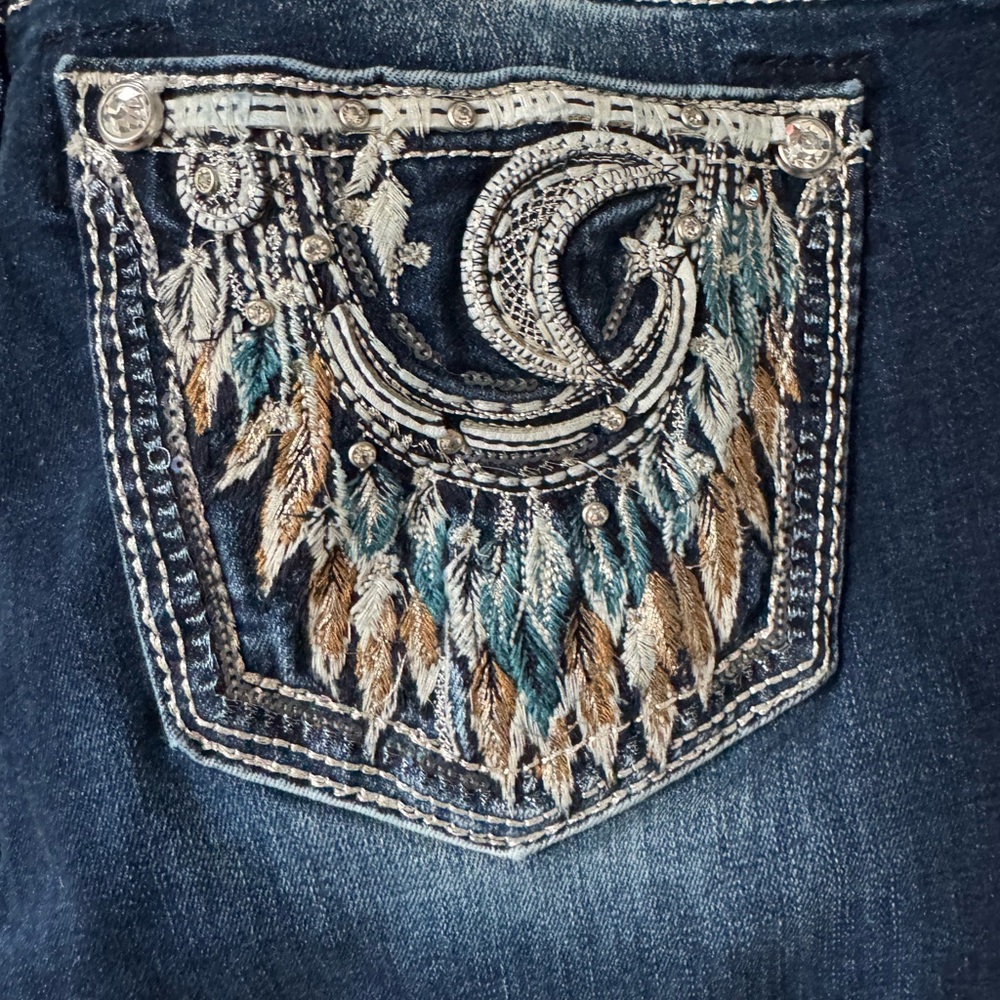 Miss Me Dark Blue Jeans with Silver and Brown Embroidery